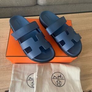 Hermès Chypres Blue Bleu Bleuet Epsom H Sandals Womens 40 W Receipt Shoes Slides